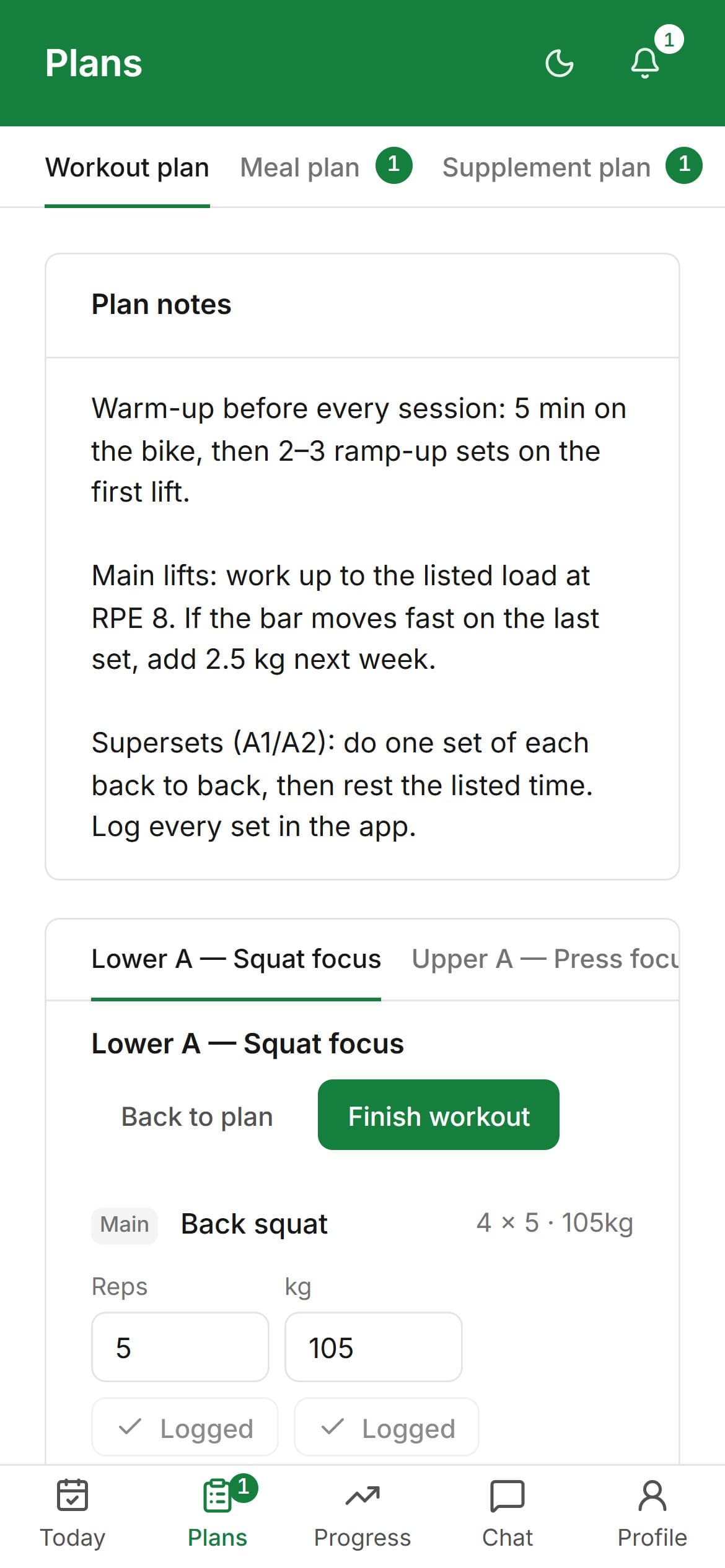 The client’s plan: a training day with each exercise’s sets, reps and load.
