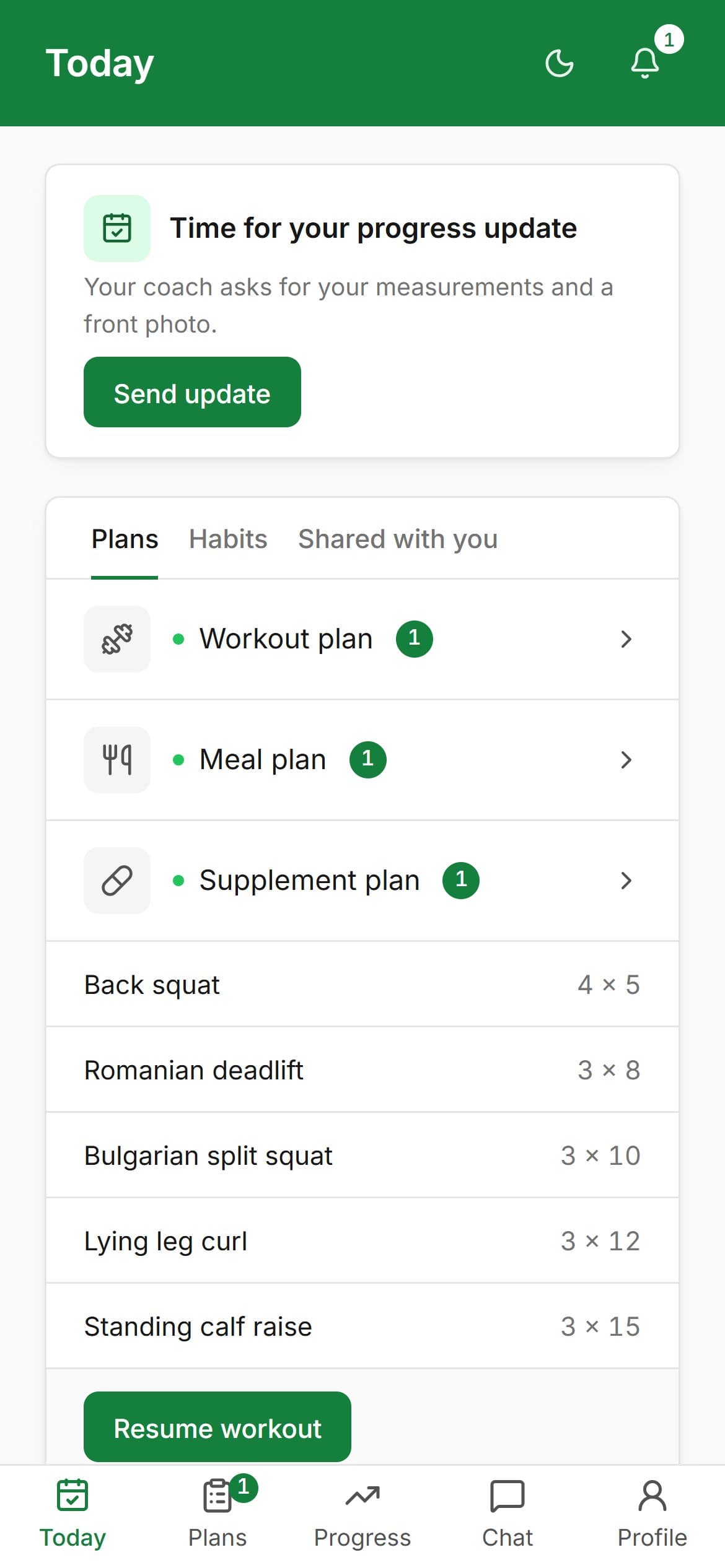 The client app’s Today screen: today’s workout, meals and habits.