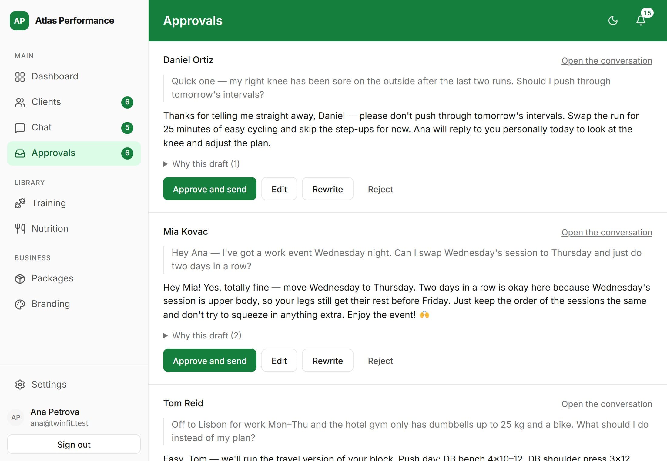 The approvals queue: each client’s question, the reply drafted in the coach’s voice, and Approve and send, Edit, Rewrite and Reject.