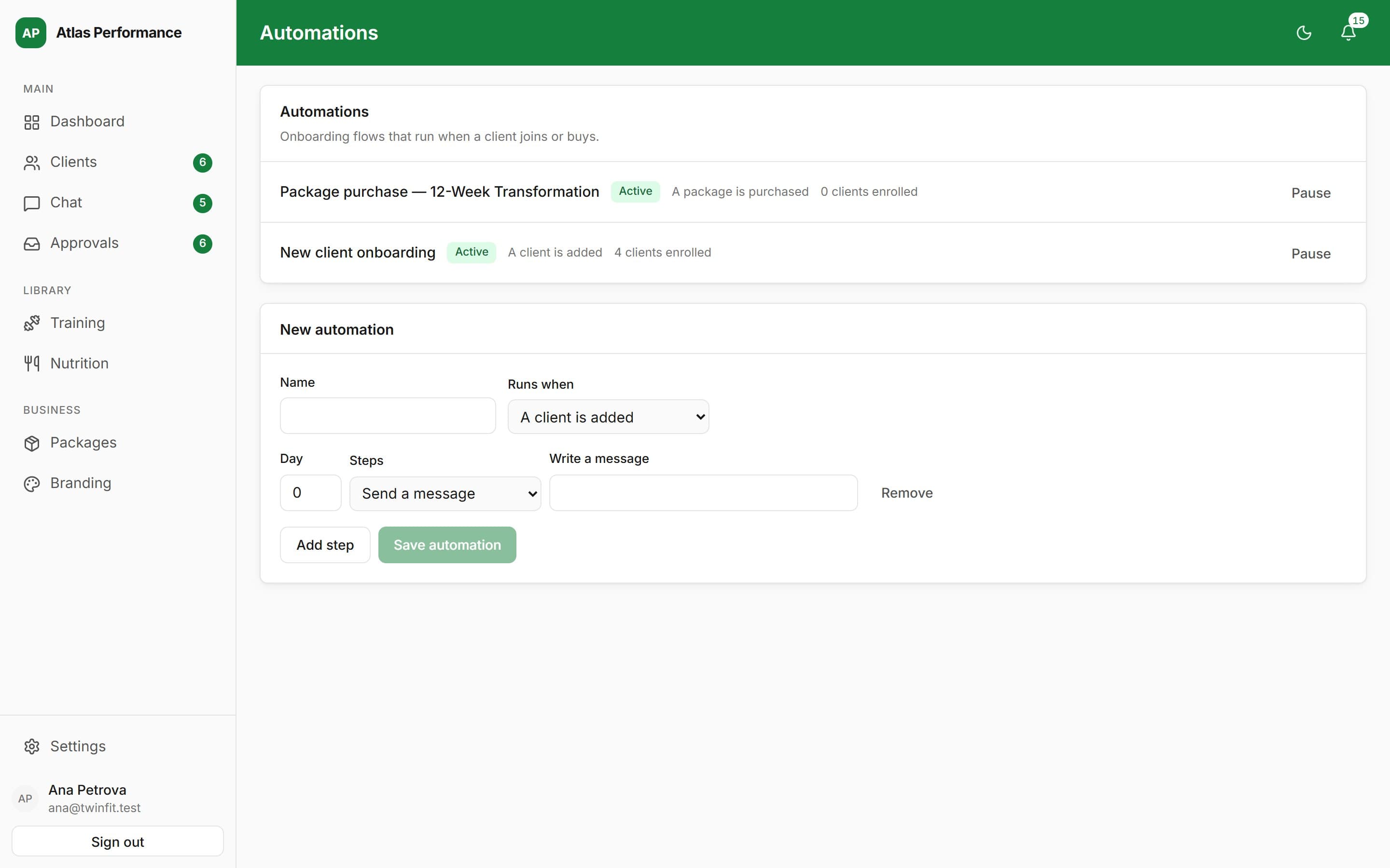 The automations screen: an onboarding flow with its steps and the clients enrolled in it.