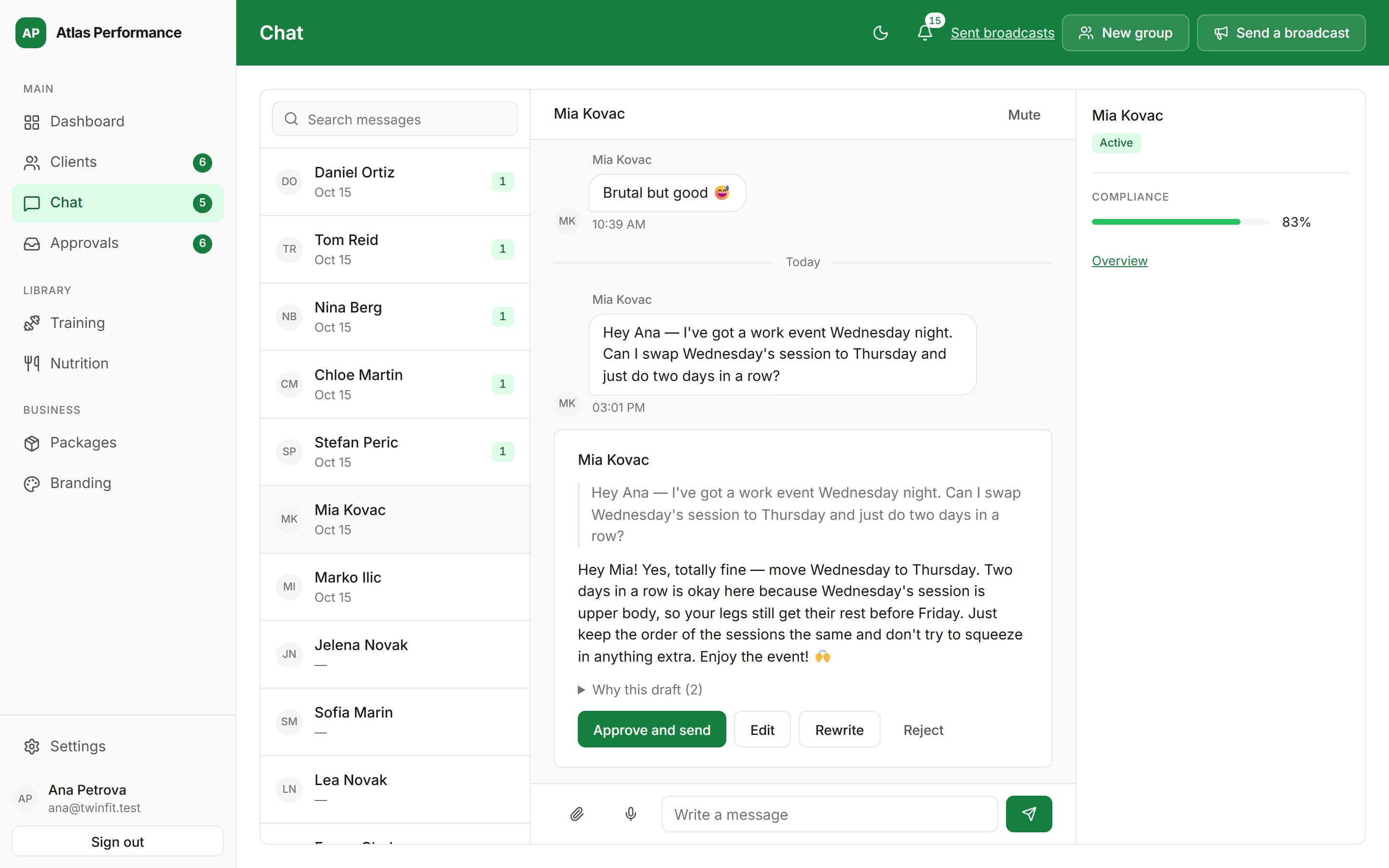 The coach’s chat: a client’s thread with a drafted reply waiting above the message box.