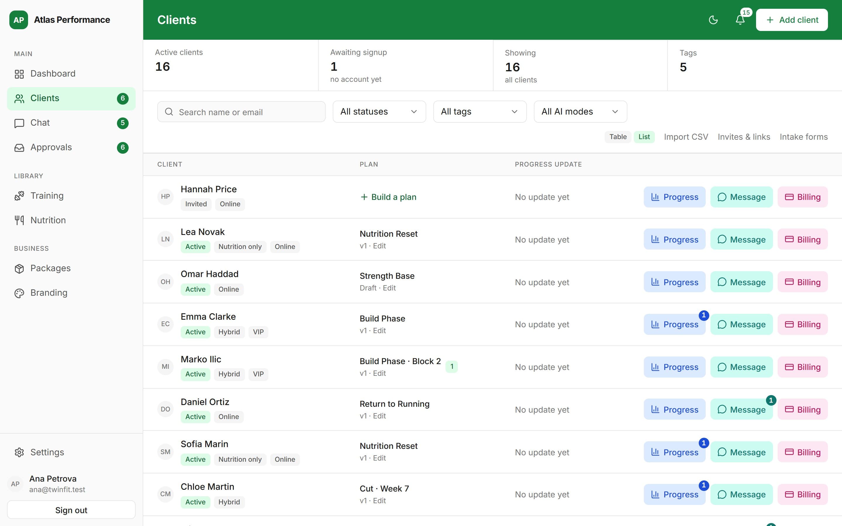 The coach’s client list: each client with their tags, plan and progress-update status, and Progress, Message and Billing on every row.