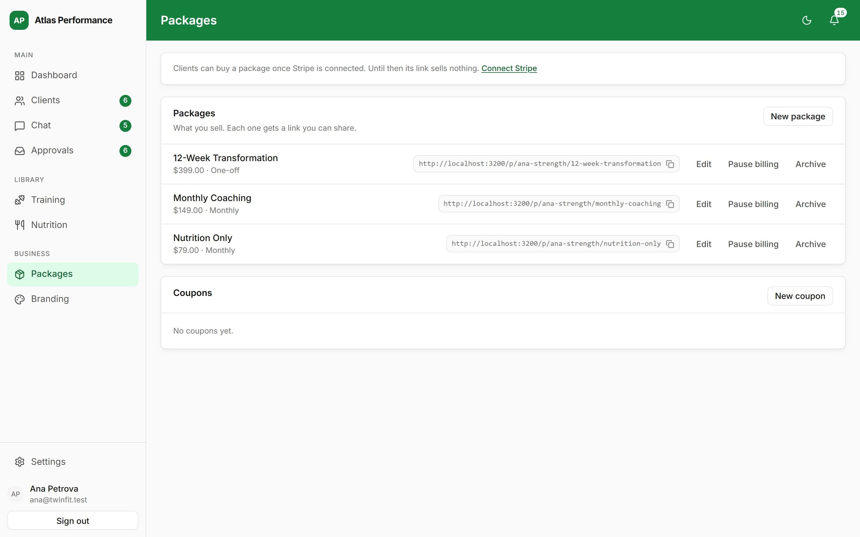 The packages screen: the coach’s packages with their prices and share links.
