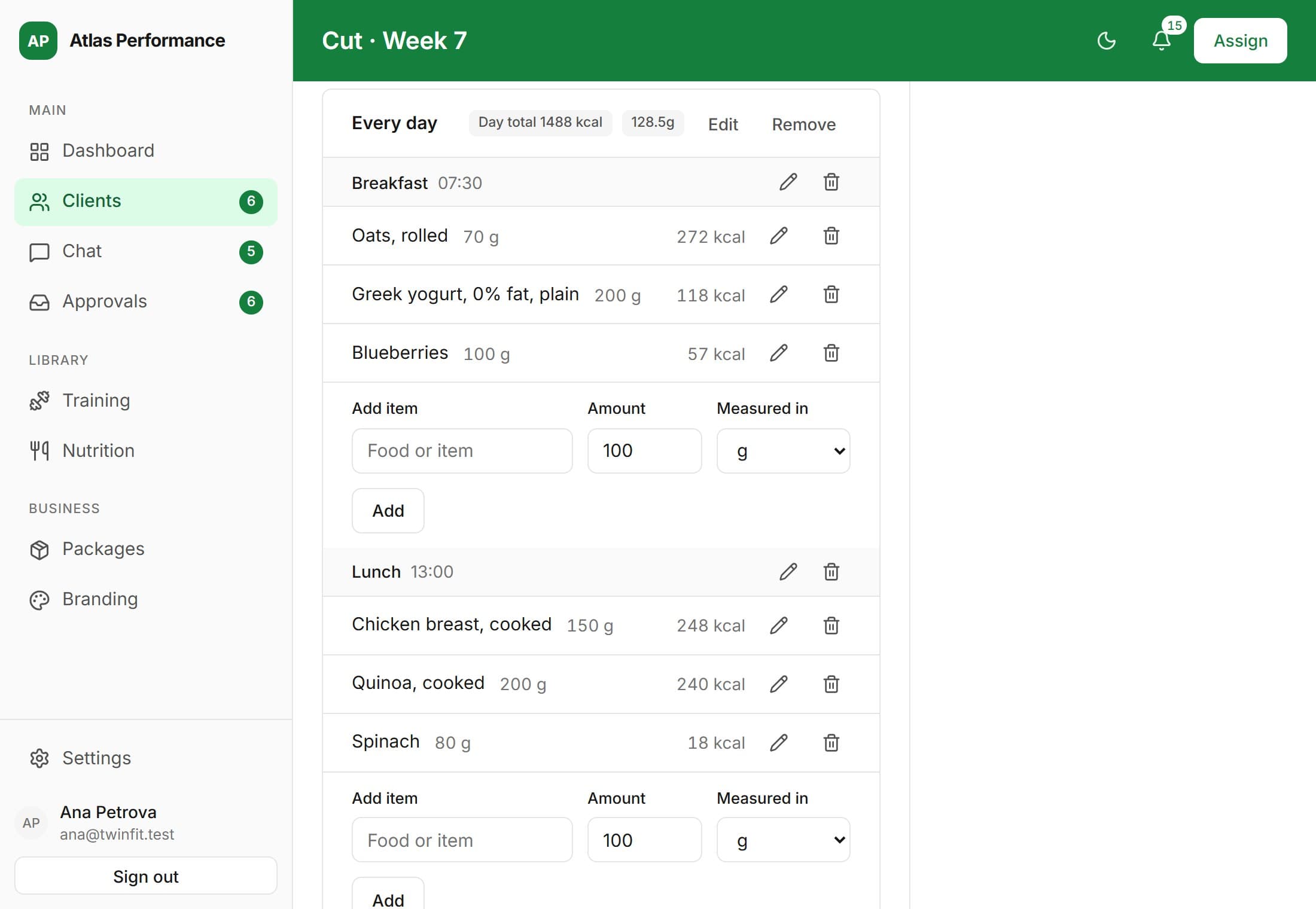 The meal plan builder: meals with their foods and the macros for the day.